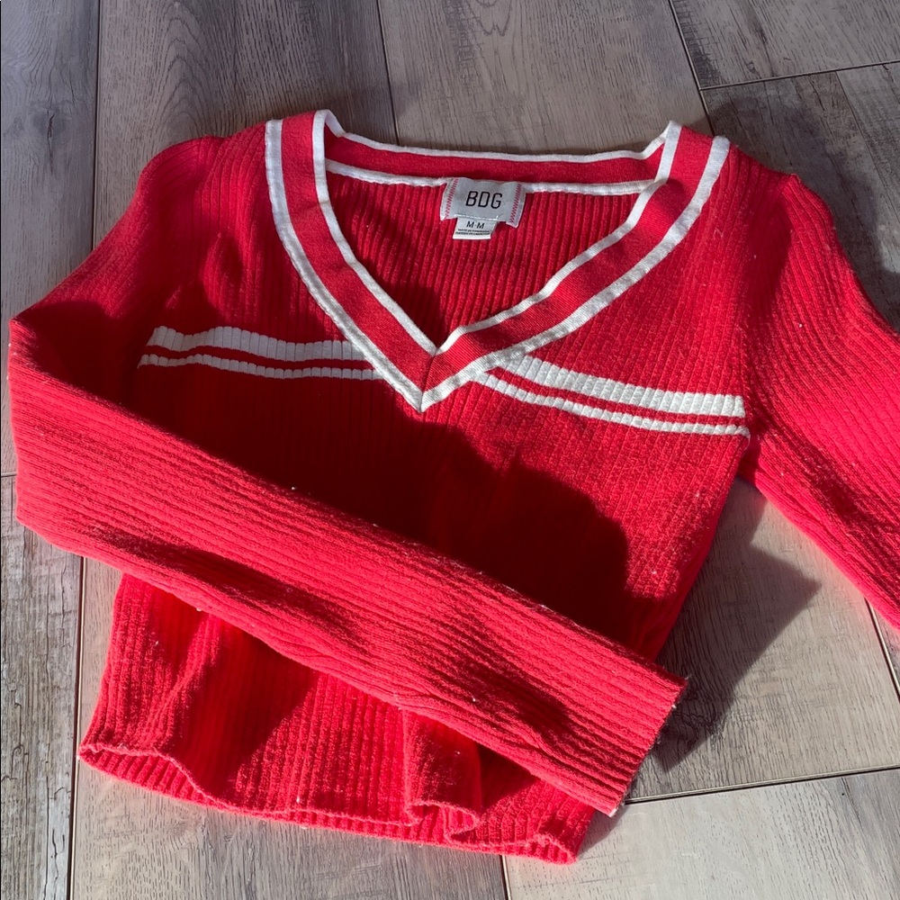 BDG Vivid Red and White V-Neck Sweater